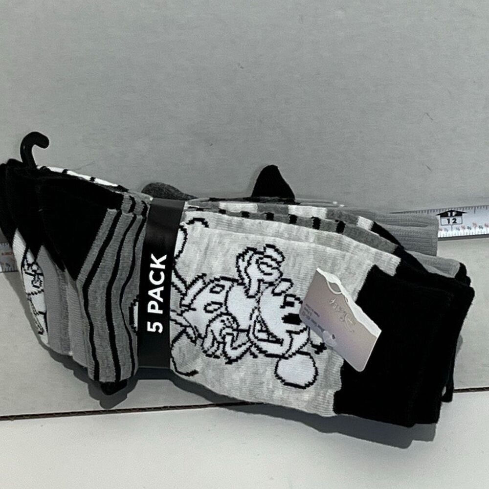 Disney Men's Black Light Gray Mickey Mouse‎ Crew Socks 5 Pairs Size 10-13 NWT